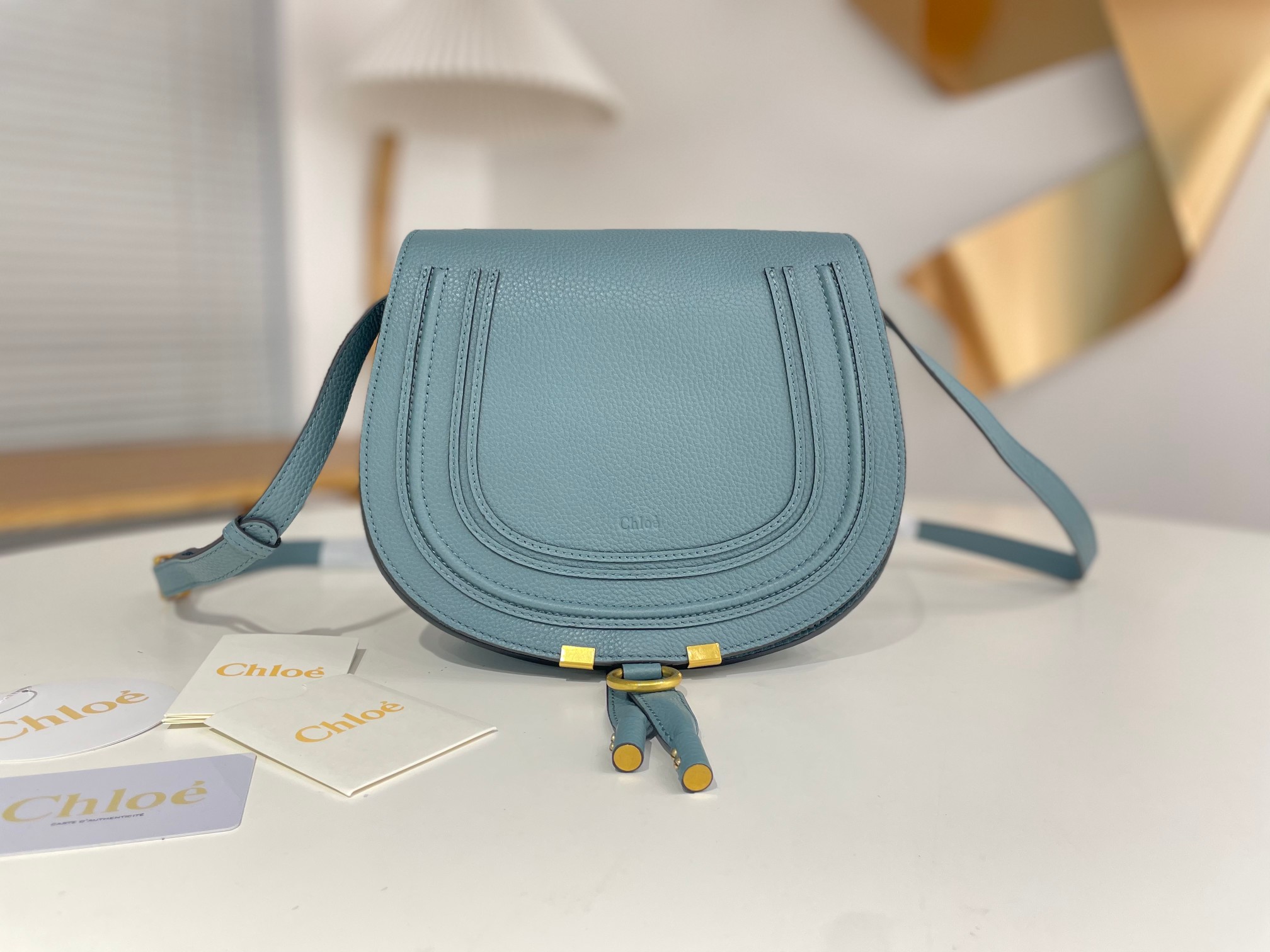 Chloe Marcie Saddle Shoulder Bag In Light Blue Grained Leather